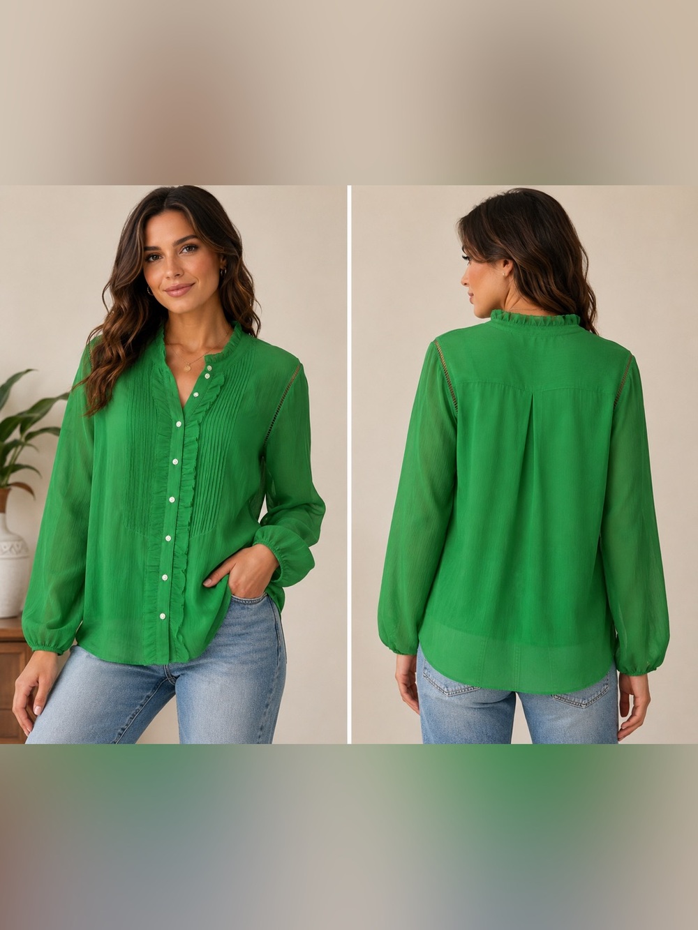 J.Crew Factory Women’s Emerald Green Ruffle Pintuck Sheer Blouse 2X